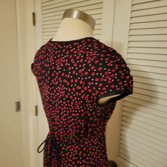 Y2K Polka Dot Stretch Knit Dress Deep V-Neck City Triangles Medium Tie Waist - Picture 6 of 8